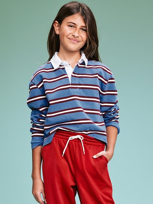 Image number 1 showing, '94 Long-Sleeve Rugby Stripe Polo Shirt for Girls