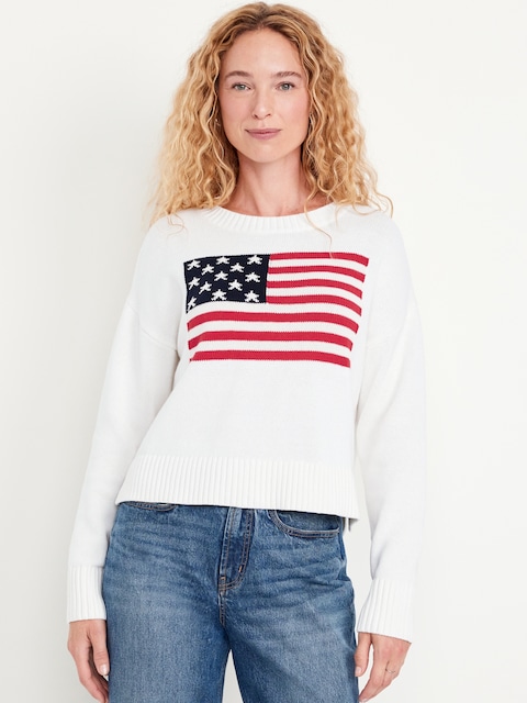 Crew-Neck Flag-Graphic Sweater - White Flag Graphic