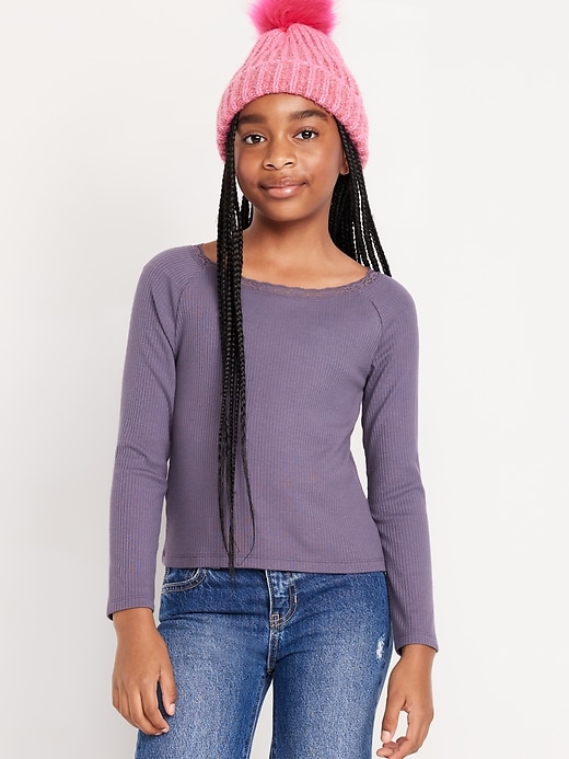 View large product image 1 of 4. Long-Sleeve Ribbed Lace-Trim Top for Girls