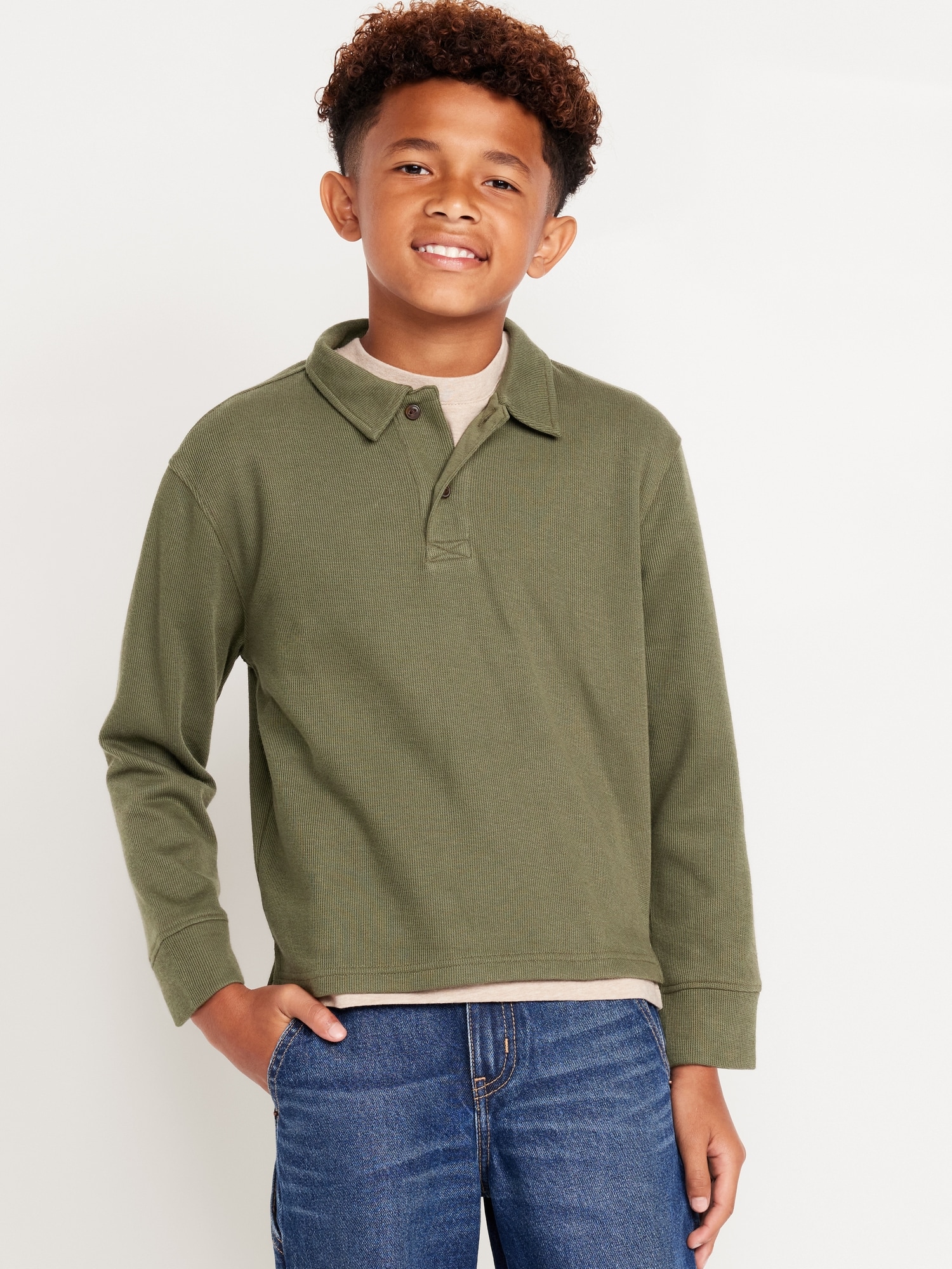 Long-Sleeve French Rib Polo Shirt for Boys