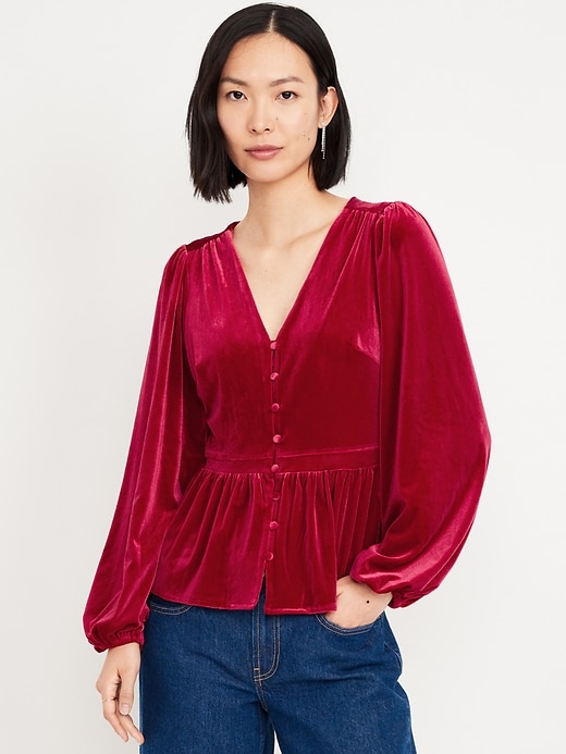 Image number 1 showing, Waist-Defined Velvet Peplum Top