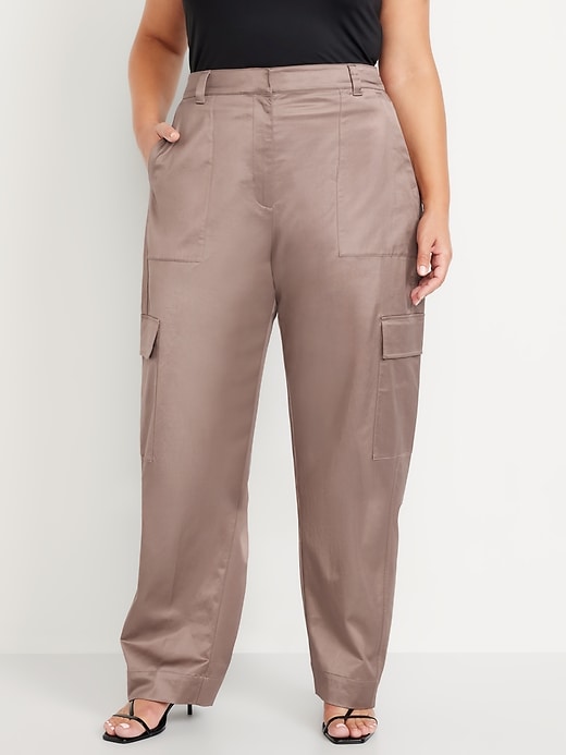 Image number 7 showing, Extra-High Waisted Satin Cargo Barrel Wide-Leg Pants