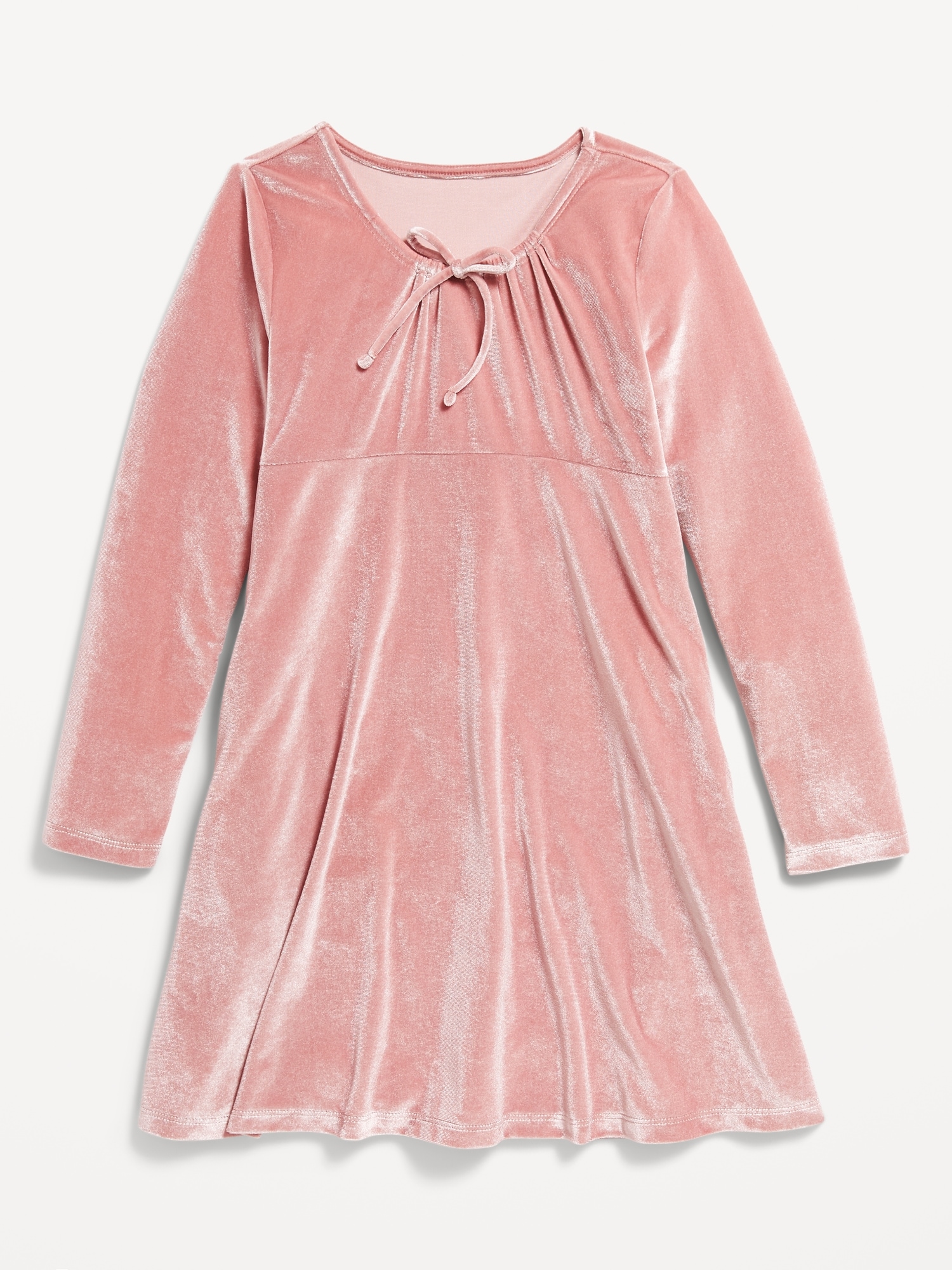 Long-Sleeve Tie-Neck Velvet Swing Dress for Girls - Pink