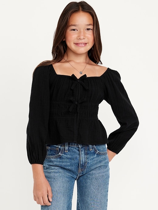 View large product image 1 of 4. Long-Sleeve Double-Weave Bow Top for Girls