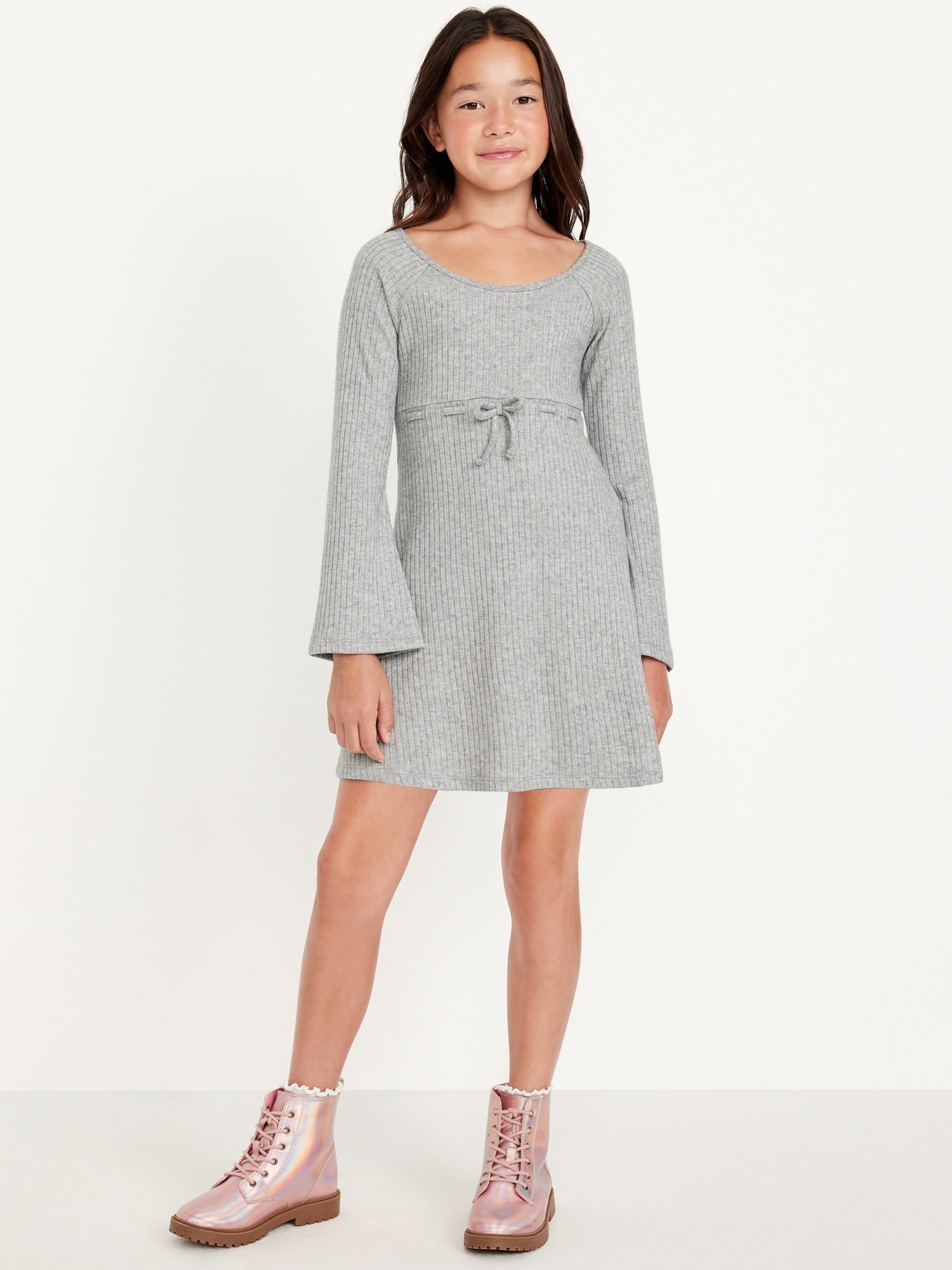 Long-Sleeve Sparkly Ribbed Fit and Flare Dress for Girls