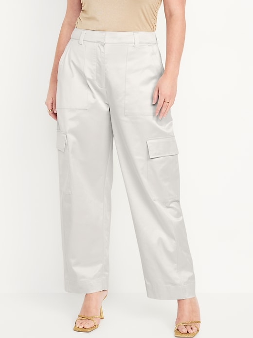 Image number 5 showing, Extra-High Waisted Satin Cargo Barrel Wide-Leg Pants