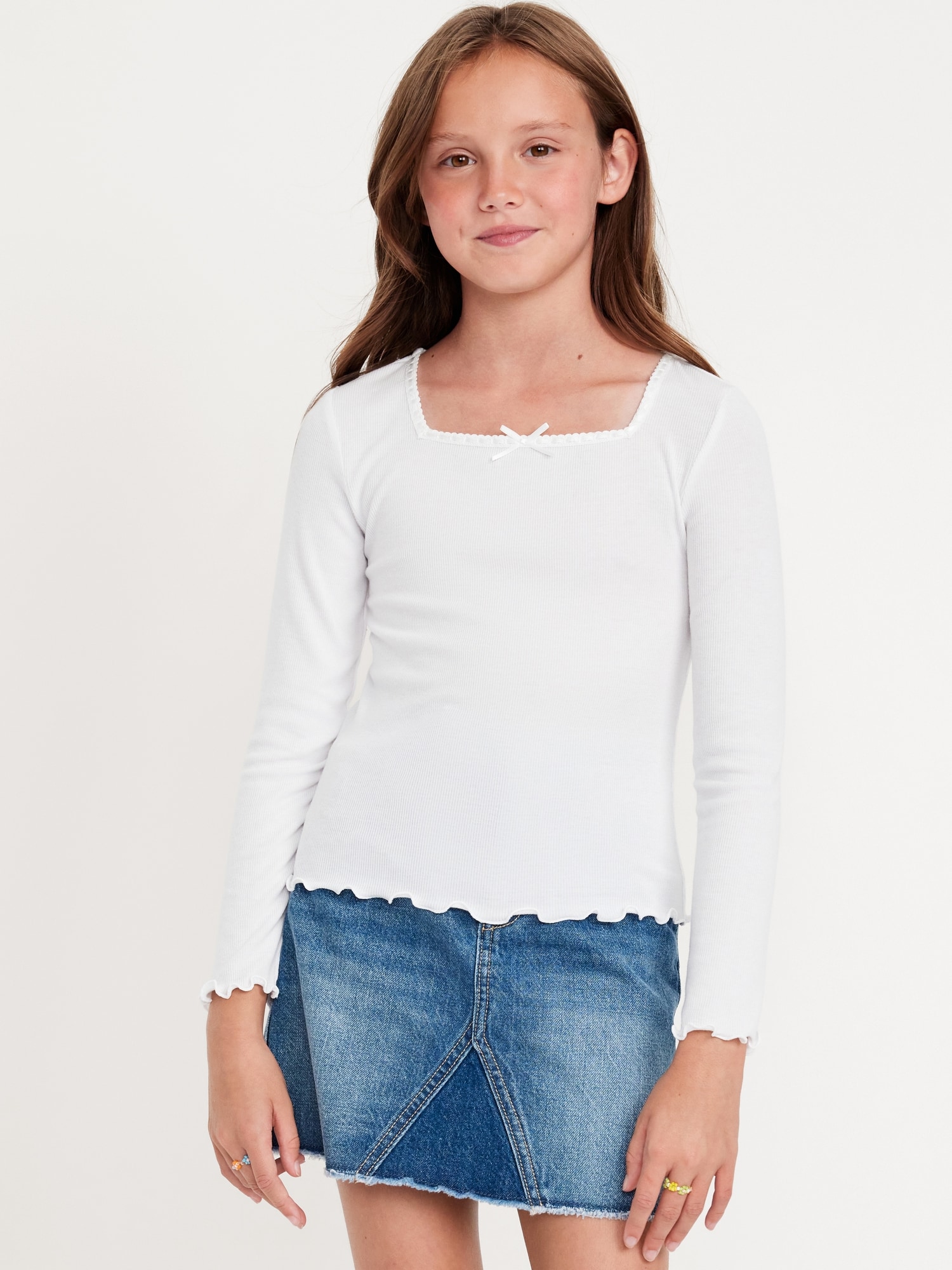 Long-Sleeve Square-Neck Ribbon-Bow Top for Girls