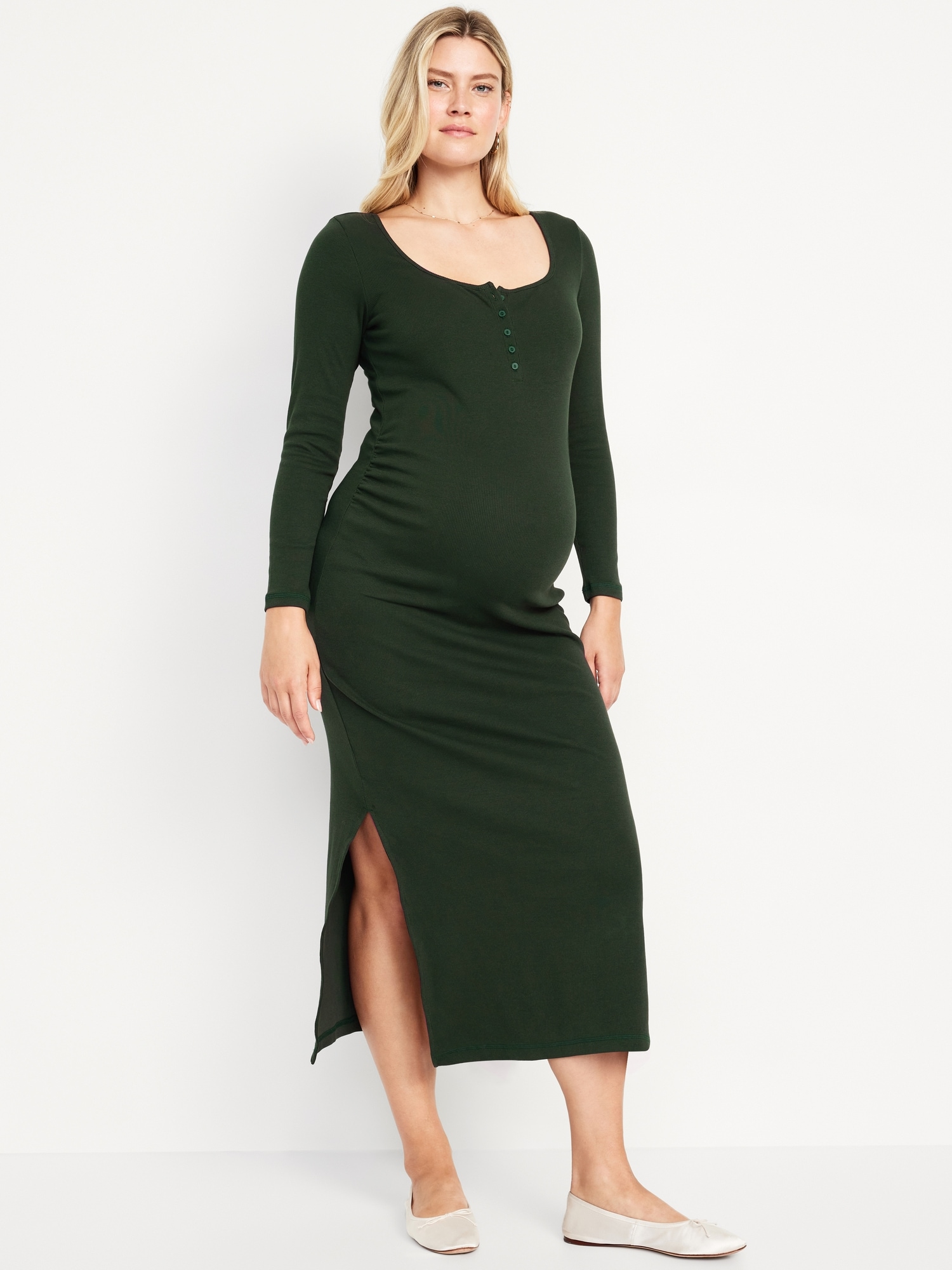 Maternity Long-Sleeve Henley Midi Dress - Green