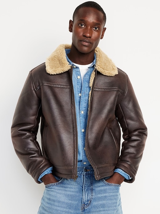 Image number 1 showing, Faux-Leather Aviator Jacket