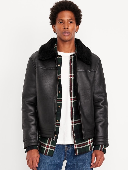 Image number 1 showing, Faux-Leather Aviator Jacket