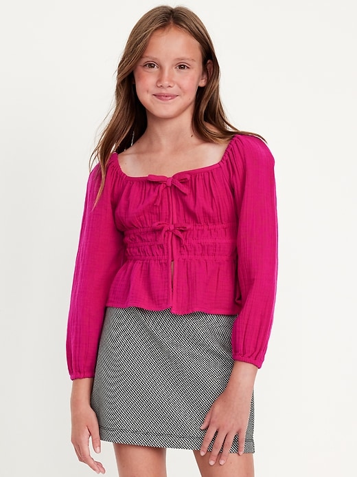 View large product image 1 of 4. Long-Sleeve Double-Weave Bow Top for Girls