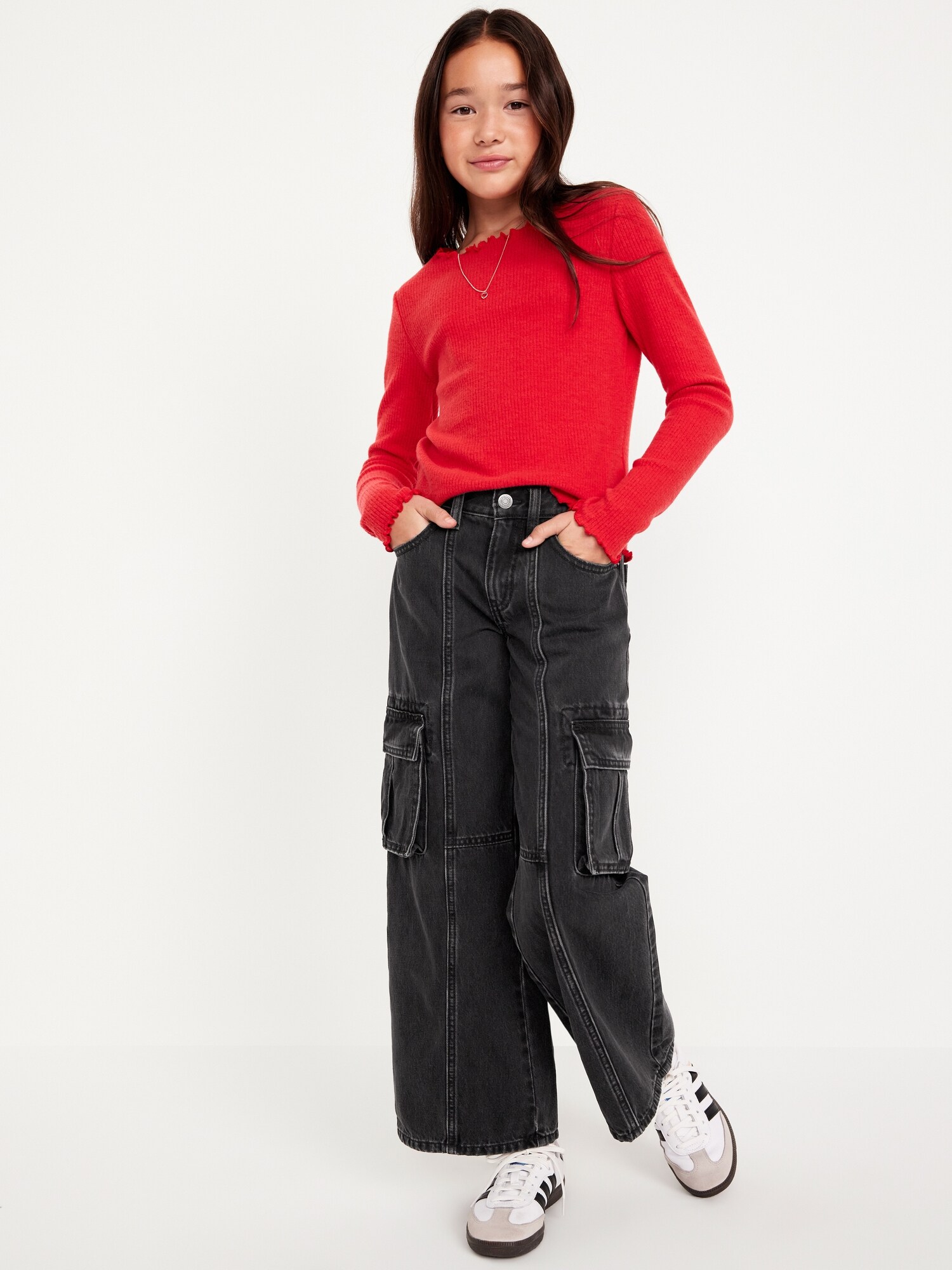 Джинсы Old Navy High-Waisted Super Baggy Wide-Leg Cargo Jeans для девочек, цвет: Чёрный варёный — фото 3