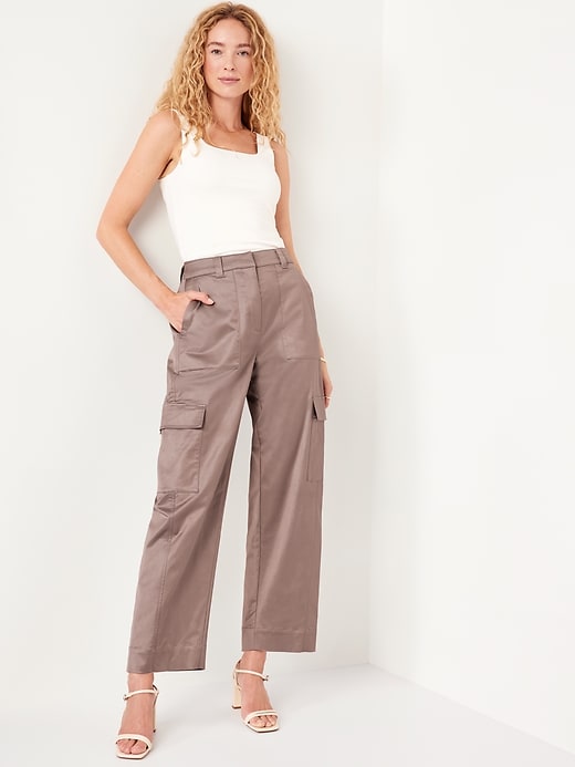 Image number 3 showing, Extra-High Waisted Satin Cargo Barrel Wide-Leg Pants