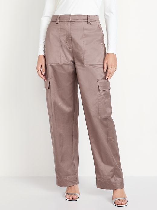 Image number 5 showing, Extra-High Waisted Satin Cargo Barrel Wide-Leg Pants