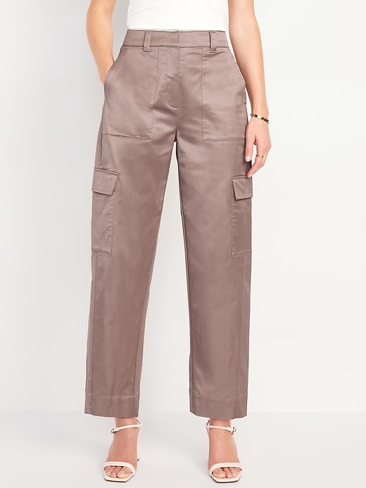 Image number 1 showing, Extra-High Waisted Satin Cargo Barrel Wide-Leg Pants