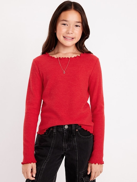 View large product image 1 of 4. Long-Sleeve Plush Ribbed Lettuce-Edge Top for Girls