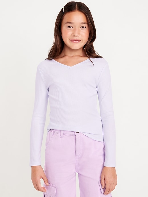 View large product image 1 of 4. Long-Sleeve Ribbed V-Neck Top for Girls