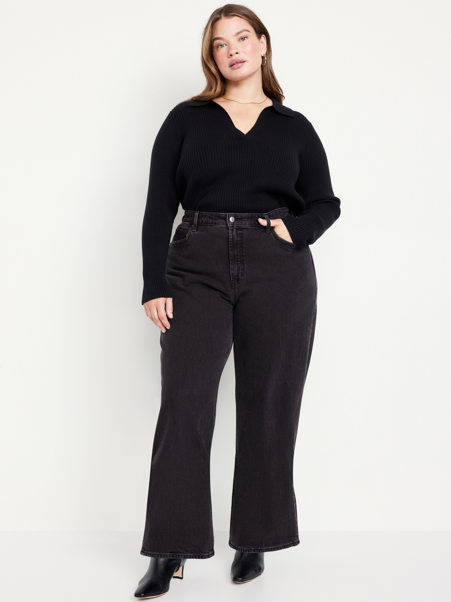 Женские джинсы Old Navy Curvy Extra High-Waisted Wide-Leg, цвет: Чёрный варёный — фото 6