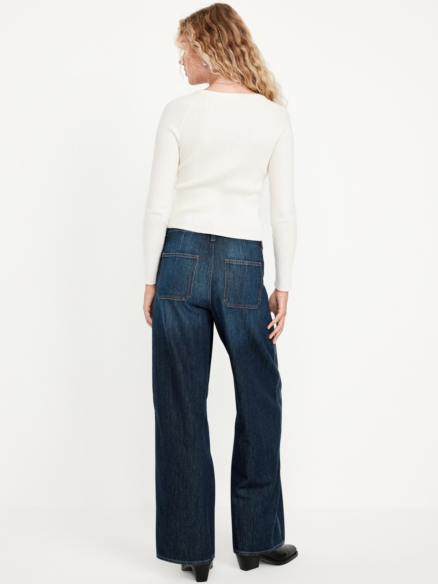 Женские джинсы Old Navy High-Waisted Baggy Wide-Leg Trouser, цвет: Тёмная варка — фото 3
