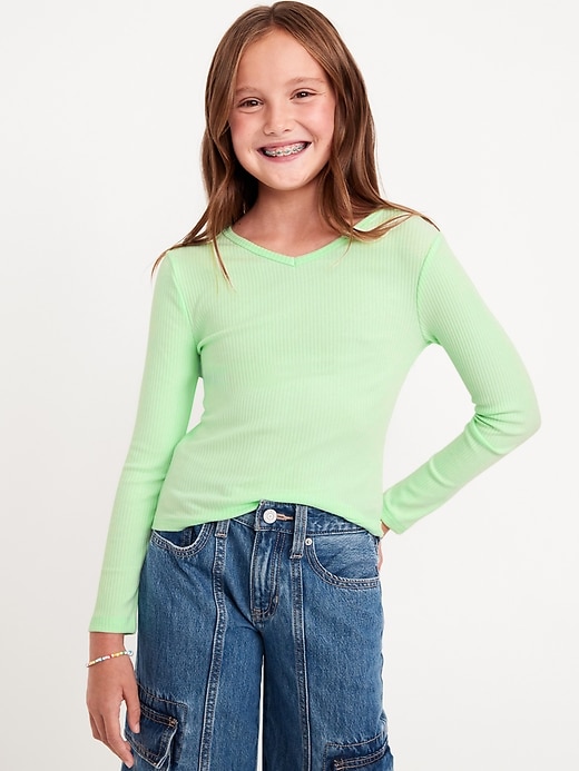 View large product image 1 of 4. Long-Sleeve Ribbed V-Neck Top for Girls