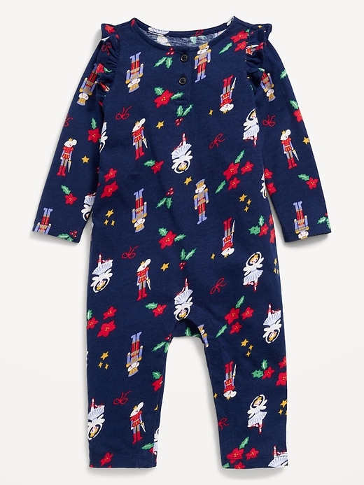 View large product image 1 of 2. Printed Henley Ruffle-Trim Jumpsuit for Baby