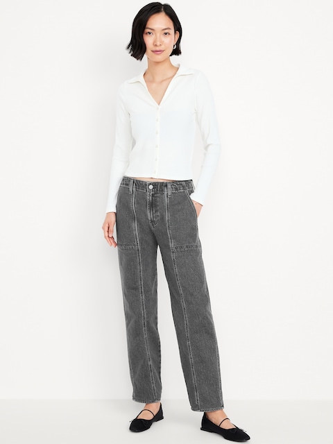 Mid-Rise Boyfriend Loose Utility Jeans - Faded Black Wash