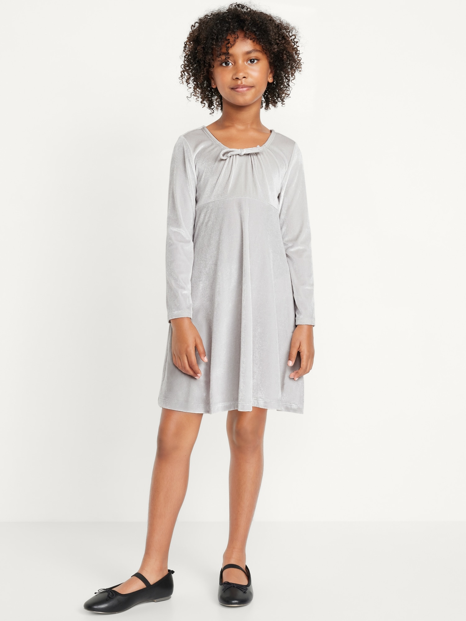 Long-Sleeve Tie-Neck Velvet Swing Dress for Girls - Gray