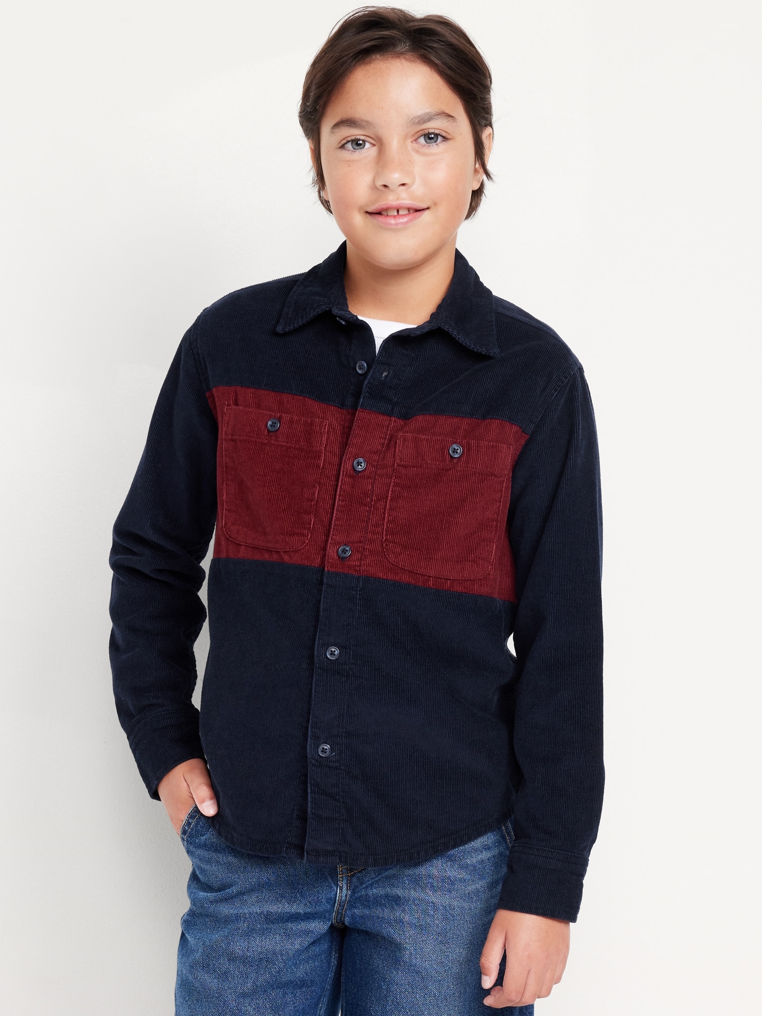 Long-Sleeve Color Block Corduroy Shirt for Boys