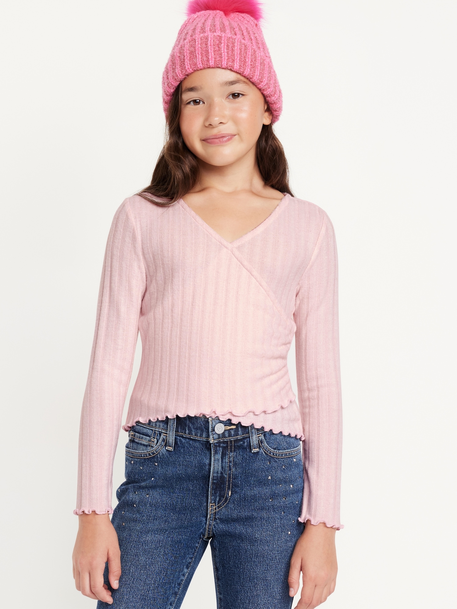 Cozy Wrap-Front Ribbed Top for Girls