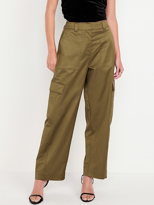 Image number 1 showing, Extra-High Waisted Satin Cargo Barrel Wide-Leg Pants