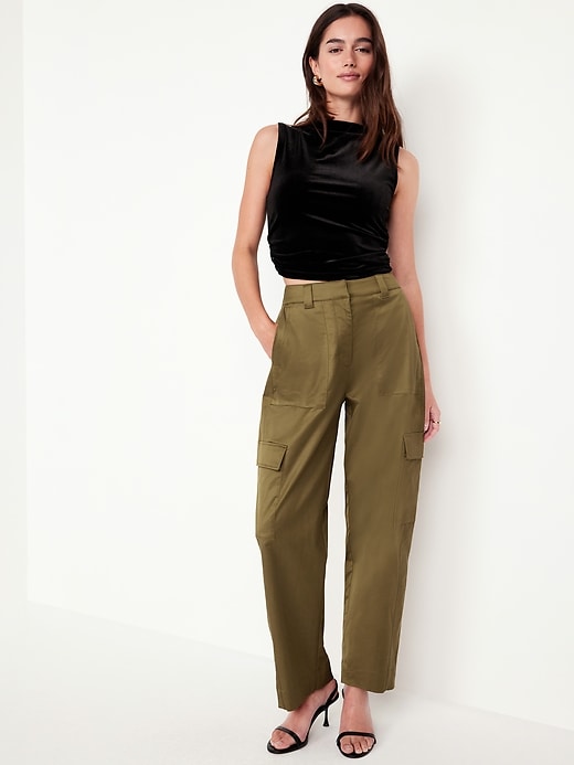 Image number 3 showing, Extra-High Waisted Satin Cargo Barrel Wide-Leg Pants