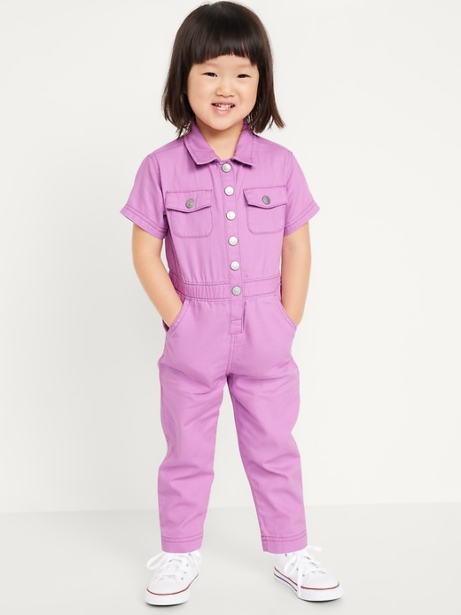 View large product image 1 of 2. Short-Sleeve Utility Pocket Jumpsuit for Toddler Girls