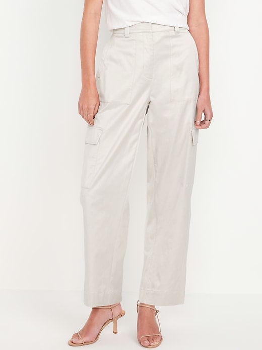 Image number 1 showing, Extra-High Waisted Satin Cargo Barrel Wide-Leg Pants