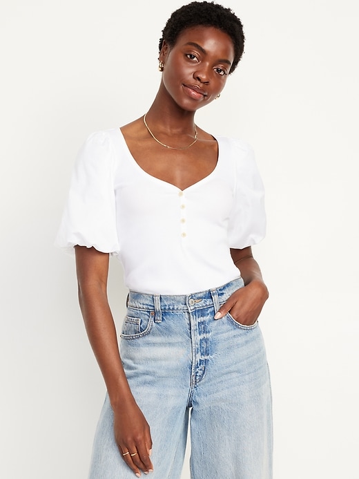 Puff-Sleeve Mixed Fabric Top | Old Navy