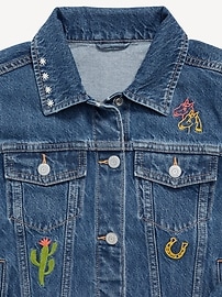 View large product image 4 of 4. Oversized Embroidered Jean Trucker Jacket for Girls