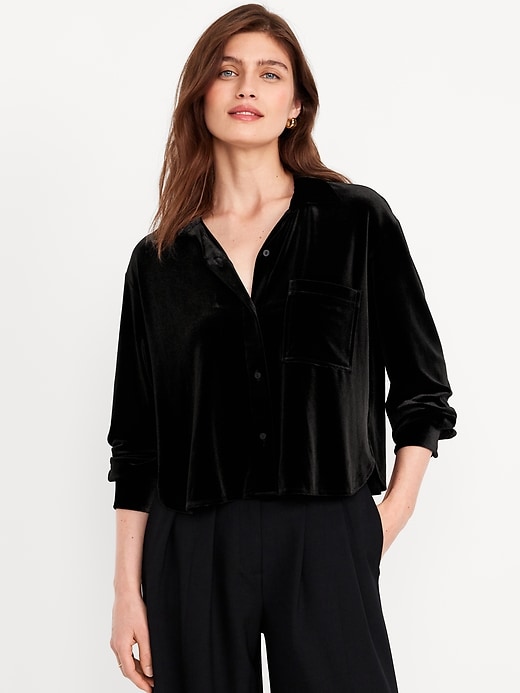 Image number 1 showing, Velvet Cropped Button-Down Shirt