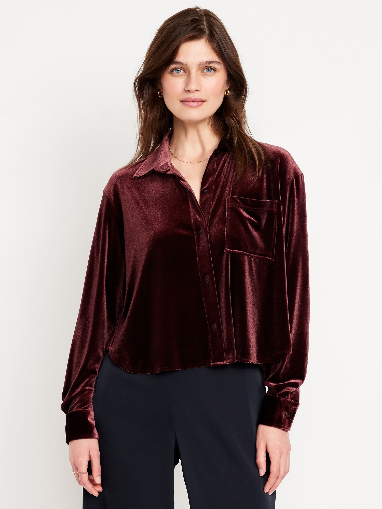 Velvet Cropped Button-Down Shirt