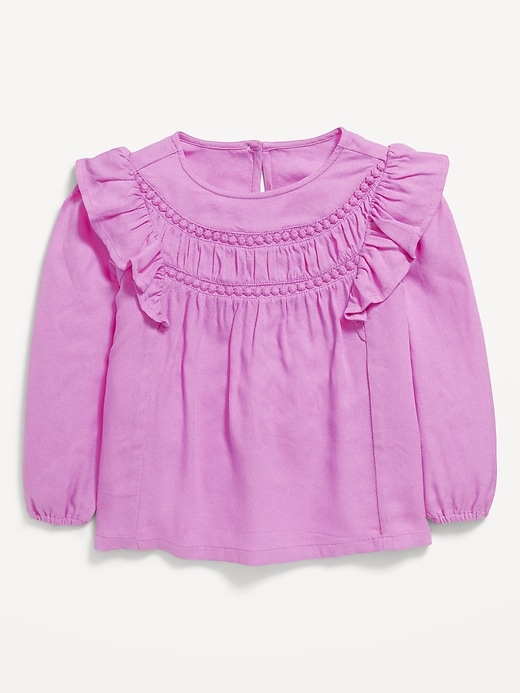 View large product image 1 of 1. Long-Sleeve Ruffle-Trim Crepe Top for Toddler Girls