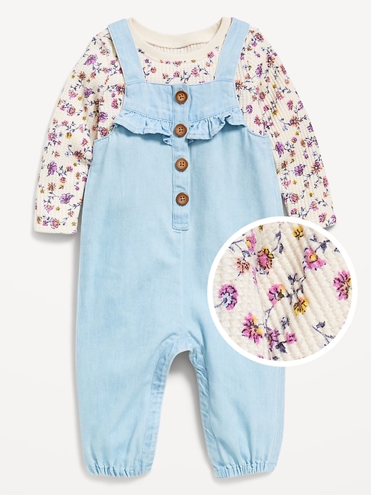 View large product image 1 of 3. Long-Sleeve Cozy-Knit T-Shirt and Chambray Overalls Set for Baby