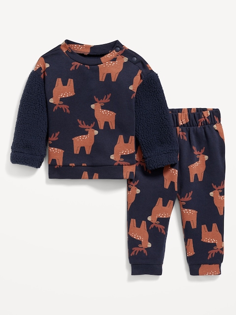 Printed Sherpa-Sleeve Sweatshirt and Sweatpants Set for Baby - Reindeer