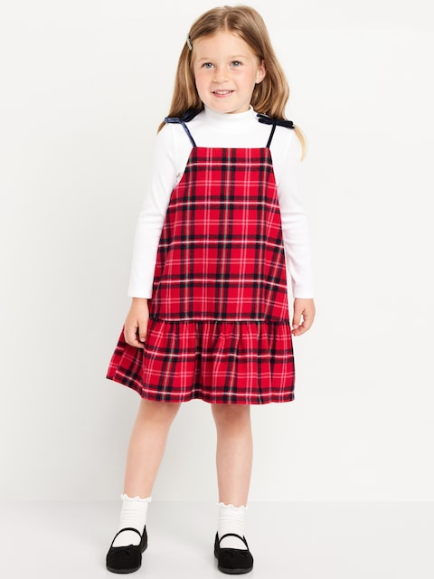 Ribbed Mock-Neck Top and Tie-Bow Ruffled Dress Set for Toddler Girls - Red Plaid