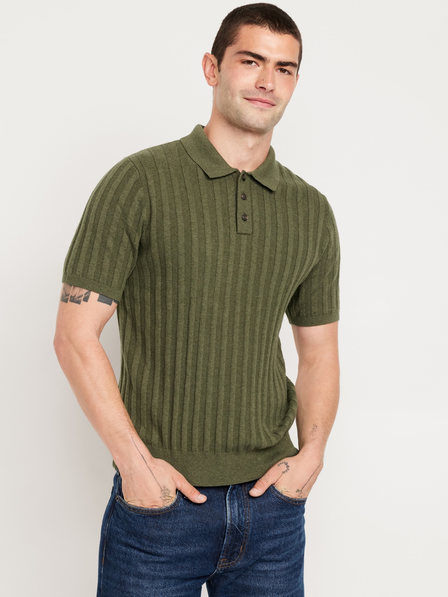 Ribbed Polo Sweater - Green