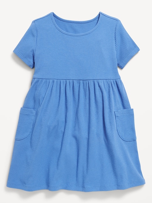 View large product image 1 of 1. Short-Sleeve Ribbed Fit and Flare Pocket Dress for Toddler Girls