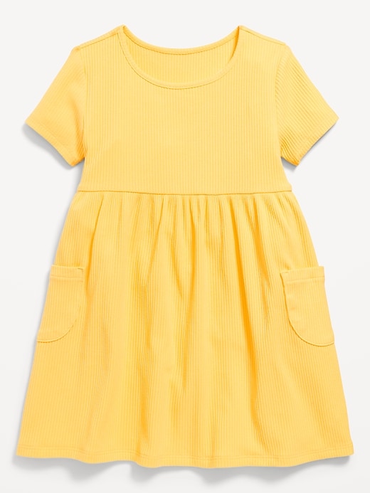 View large product image 1 of 2. Short-Sleeve Ribbed Fit and Flare Pocket Dress for Toddler Girls