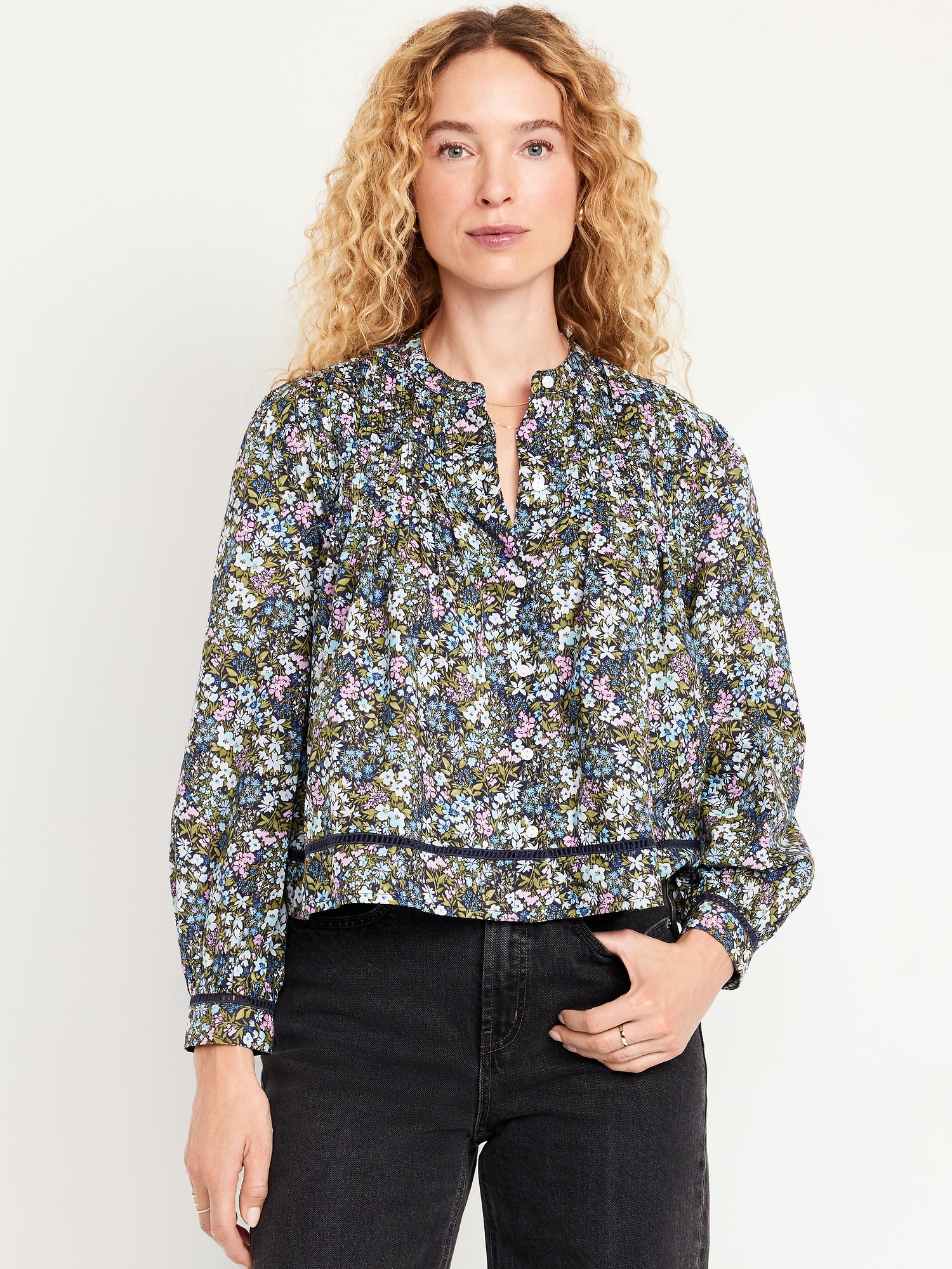 Button-Down Cropped Pintuck Shirt