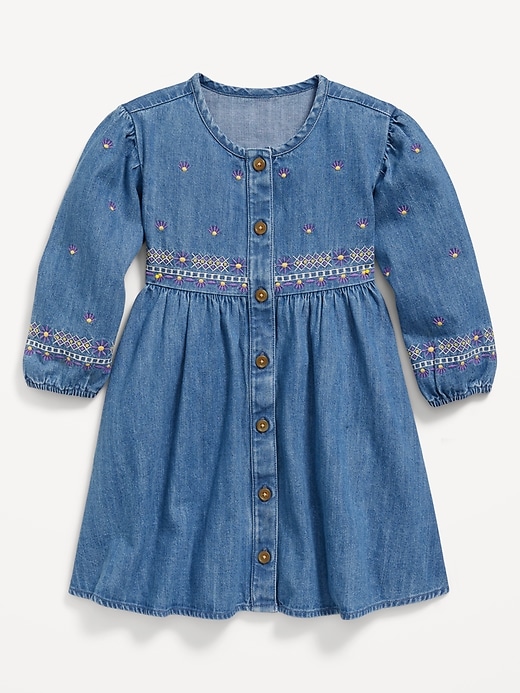 View large product image 2 of 3. Long-Sleeve Button-Front Embroidered Jean Dress for Toddler Girls