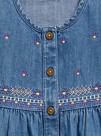 View large product image 3 of 3. Long-Sleeve Button-Front Embroidered Jean Dress for Toddler Girls