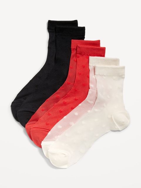 Sheer Nylon Crew Sock 3-Pack for Women - Sheer Black/Sheer White Dots/Sheer Red Hearts