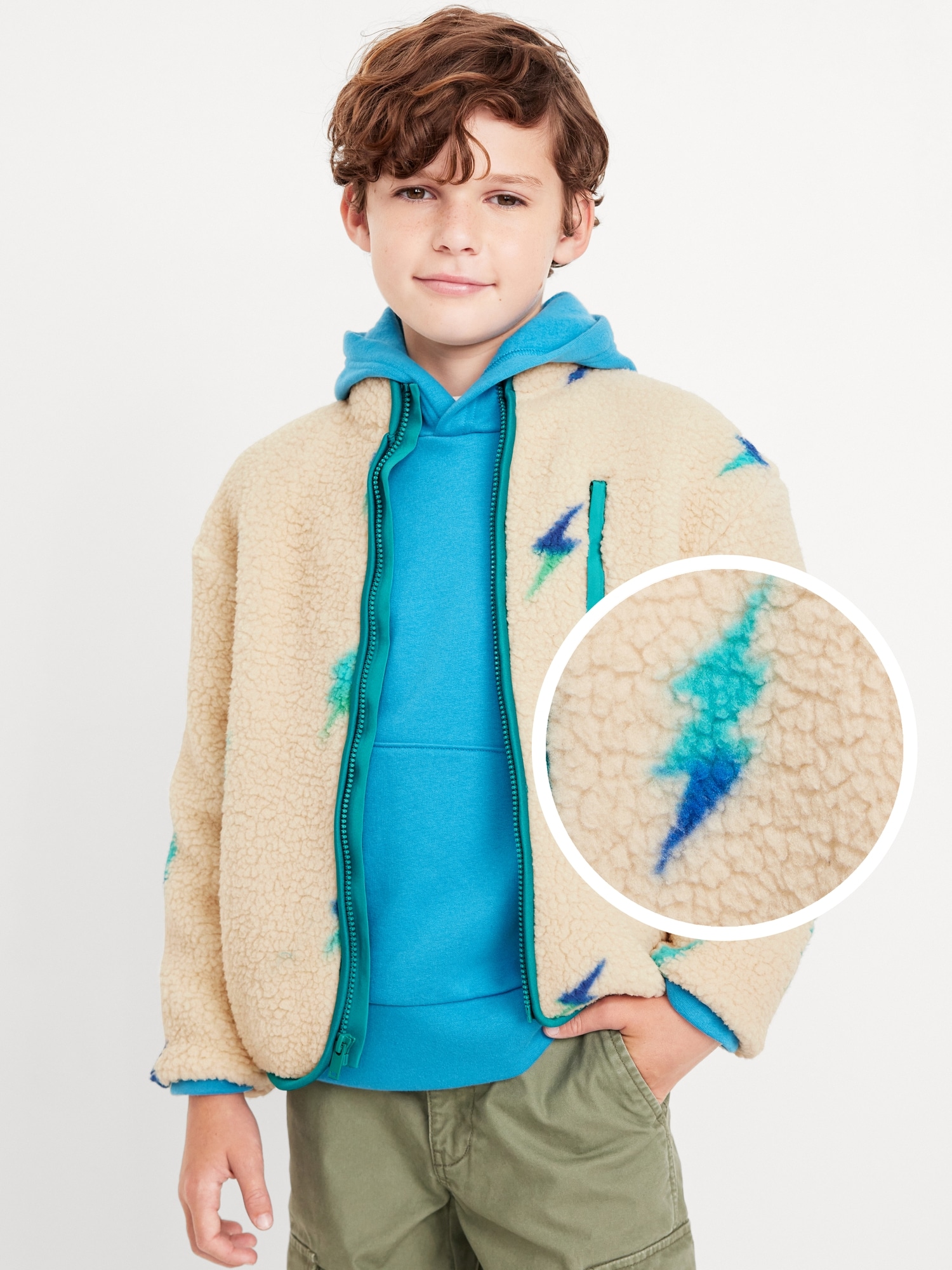 Printed Full-Zip Sherpa Jacket for Boys - Blue