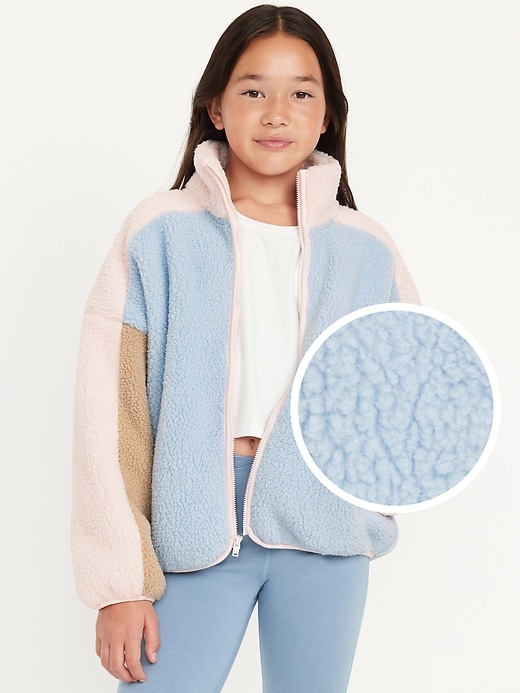 View large product image 1 of 4. Oversized Color-Block Sherpa Zip Jacket for Girls